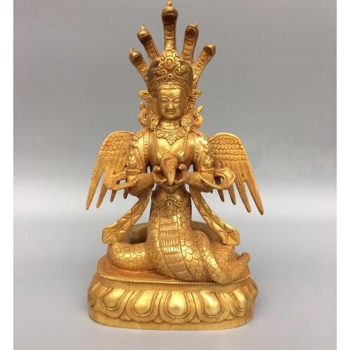 Home Decor 11"Tibet Buddhism Temple Old Bronze Gilt Nagarjuna Buddha Statue 5 eyes snake head statue Enshrine the Buddha