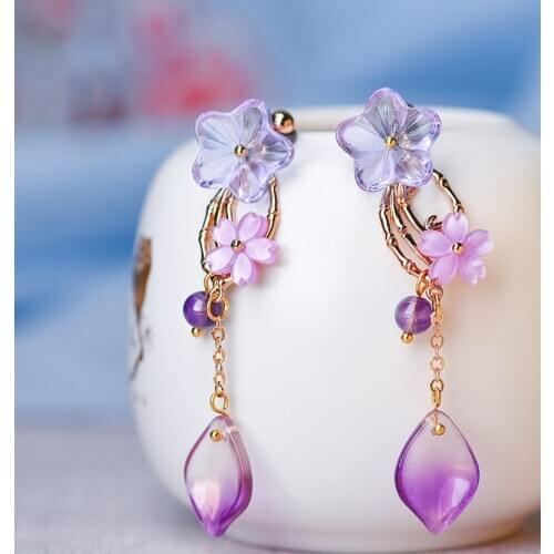 Elegant Lampwork Petals Women Dangle Earrings Natural Stones Amethysts Gold Colors Drop Earrings Gifts Art Jewelry for Mom Wife