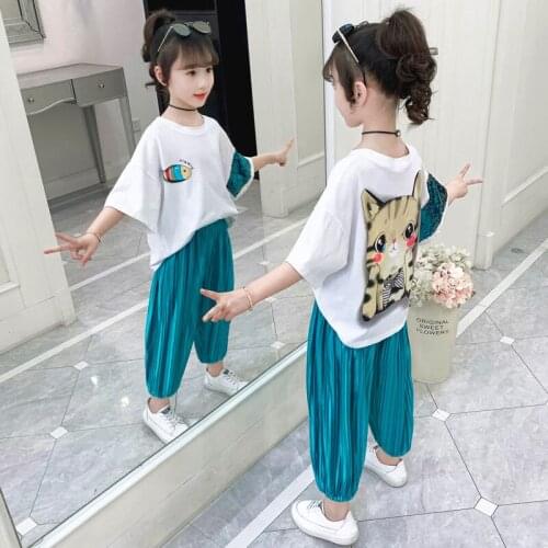 Girl Short Sleeve + Casual Pants Kids Clothing Suits Cartoon Print Children Sets for Girl Sports Set 3-12 Ages Sequins Clothing