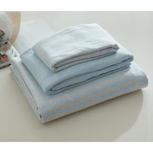 4pcs jersey knitted sheets set 100% Cotton bedding set pastel blue strip duvet covers queen king double size fitted sheet solid