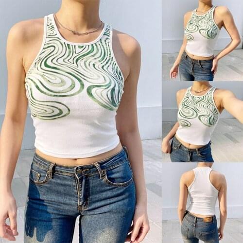 Casual Print Tank Top Women Y2K Sleeveless Ribbed Basic Crop Top Tees Female Fitness Vest Summer