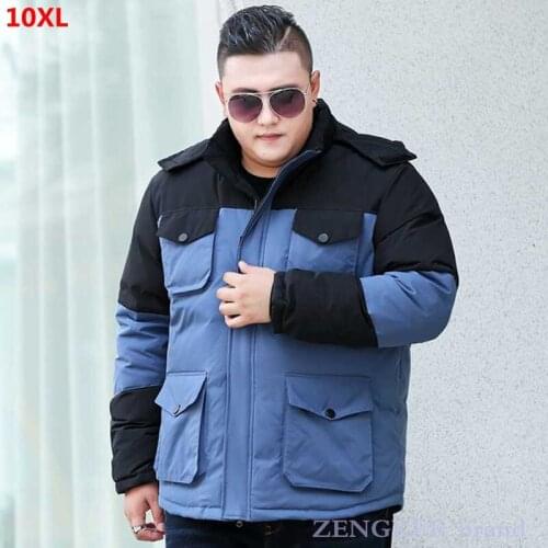 Mens plus size color-blocking down jacket, young students stitching big size contrast color tooling jacket with hood 10XL 9XL
