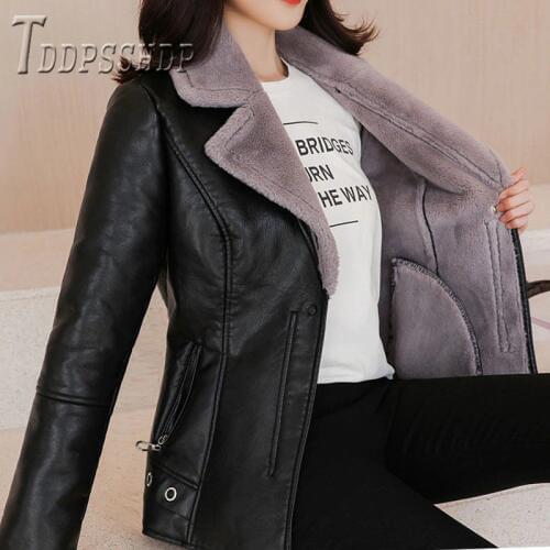 2019 Pu Leather And Fluff Women Coat Winter Thick Warm Windproof Imitation Lambswool Female Jacket