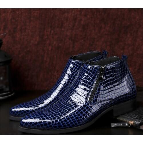 Fashion Luxury Men Boots Blue Genuine Leather Ankle Sanke Boots Men Italian Business Dress Shoes Pointed Toe Cowboy Boots