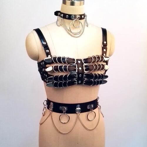 100% Handcrafted Black Party Queen Bra Chest Harness Punk Heavy Duty Top Bondage Leather Choker Chain Link Waist Belt Straps