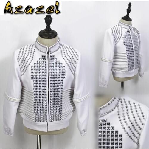 New Nightclub Rock Fashion clothes male singer glass drill rivet decoration performance stage costume bar DJ baseball jacket