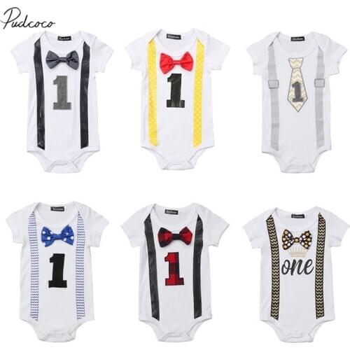 2019 Brand New Newborn Baby Boy Gentleman Bowknot Summer Birthday Bodysuit Clothes Shortsleeve One Letter Patchwork Clothes 0-1T