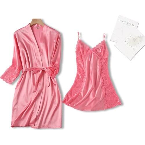 Spring Summer New Womens Nightdress Solid Lace Sexy Sling Gown Nightgown Lace Robe Dress Suit Home Wear Bathrobe Sleepwear