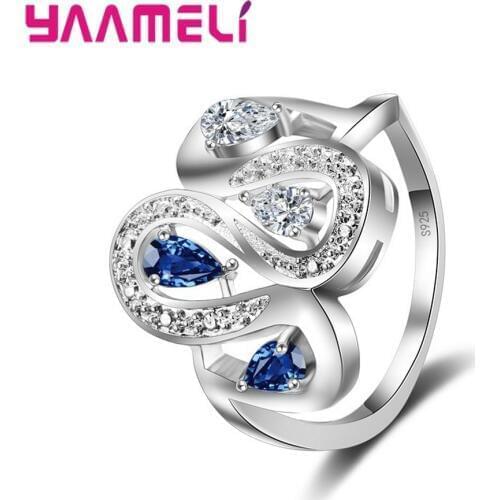 Original 925 Sterling Silver Finger Rings Fashion Design Prong Set With Blue Cubic Zircon Bridal Wedding Rings For Women