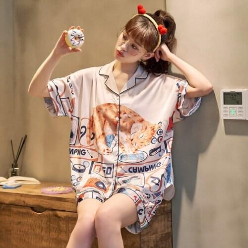 Women Sleepwear Summer Pajamas Cartoon Pajama Loose Version Set Plus Size XXXL Silk Short Sleeved Shorts Suit