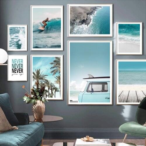 Beach Ocean Waves Girl Surfing Palm Trees Wall Art Canvas Painting Nordic Posters And Prints Wall Pictures For Living Room Decor