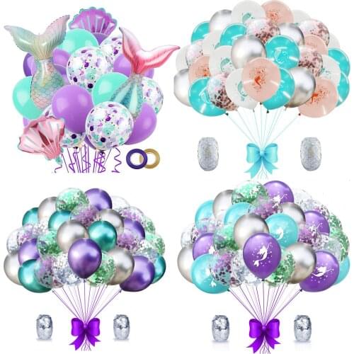 32Pcs Mermaid Party Balloon Supplies Birthday Decoration Mermaid Print Balloon With Glitter Confetti Transparent Glitter