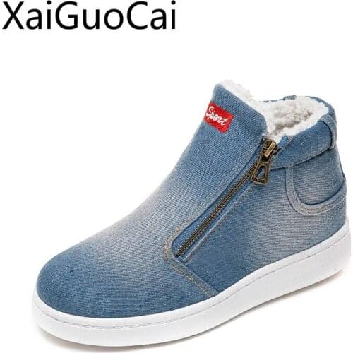 Cotton Womens Casual Shoes Flat Bottom Denim Cotton Female Snow Boots Winter Korean Large Size Thickening Warm Fur Shoes