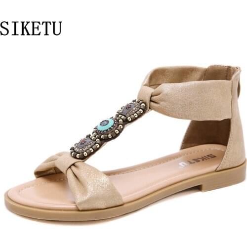 SIEKTU 2020 New Summer Womens Sandals Flat Casual Ethnic Style Open Toe Student Wild Roman Sandals Non-slip Womens Sandals