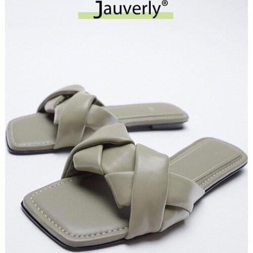 Designer Shoes 2021 New Summer Khaki Green Womens Slippers Supper Soft Leather Flat Sandals Weave Beach Slides