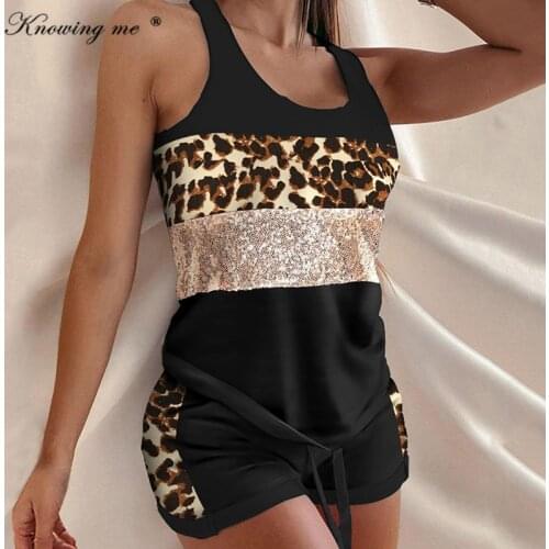 Women Leopard Patchwork Tracksuit set Female Sleeveless Letter Print Top And Short pants 2pcs Suit Lady Drawstring Short Pants