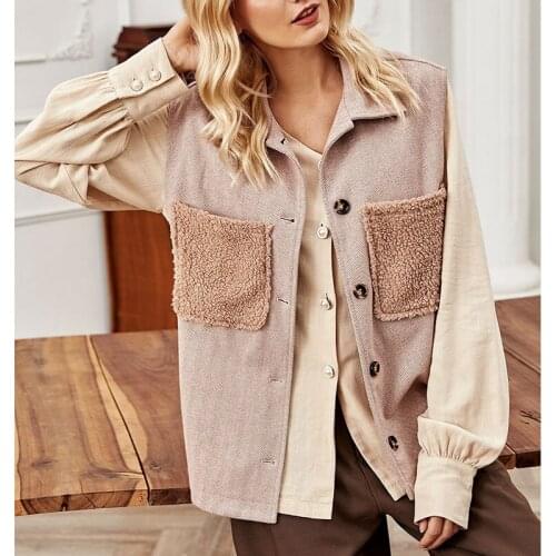 Autumn Patchwork Fleece Pockets Womens Vests Sleeveless Turn-down Collar Single Breasted Female Coats Elegant Ladies Coat Vest