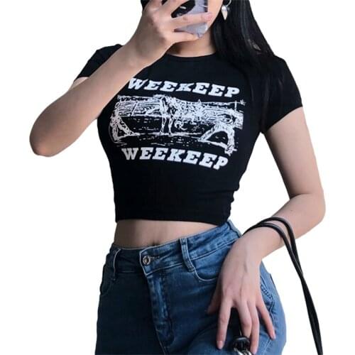 Xingqing Summer O Neck Crop Top Women Casual Letter Print T Shirt Basic Sexy Streetwear Black White Short Sleeve Top Y2k Clothes