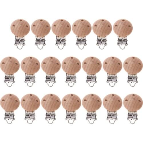 20pcs Nipple Chain Accessories BPA Free Beech Wooden Pacifier Clip Baby DIY Pacifier Dummy Clip Soother Clasp Metal