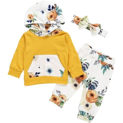 2021 Baby Girl Clothes Newborn Baby Girl Winter Clothes Floral Hooded Tops Long Pants 3PCS Outfits