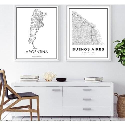Argentina Buenos Aires City Road Map Posters and Prints Black White Modern Minimalist Wall Art Canvas Painting Home Room Decor