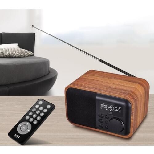 Wireless Bluetooth Speaker Portable FM Radio Remote Control Mini Retro Wood Bass Loudspeaker Box with Screen Display Alarm Clock