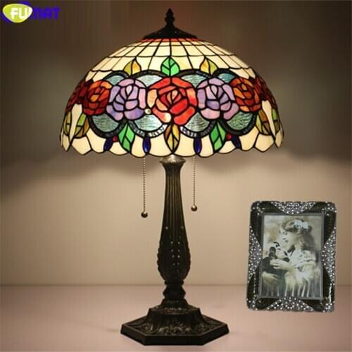 FUMAT tiffany style desk lamp red purple rose leaf lampshade table light alloy frame stained glass home decor handicraft 16 inch