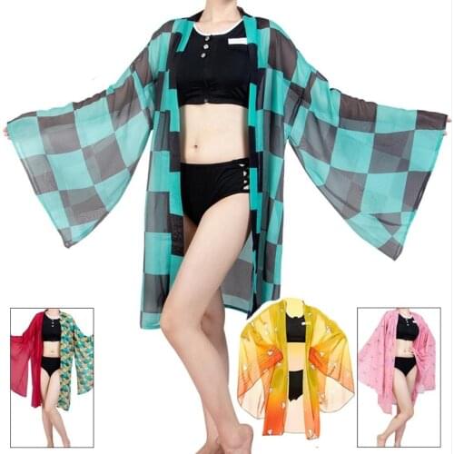 Anime Demon Slayer Kimono Cardigan Yarn Coat Cosplay Kimetsu No Yaiba Kamado Tanjirou Two Piece V Neck Bathing Suit Swimsuit
