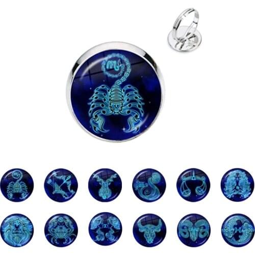 12 Constellation Ring Zodiac Signs Glass Cabochon Adjustable Rings Jewelry For Men For Women Birthday Gift 2021