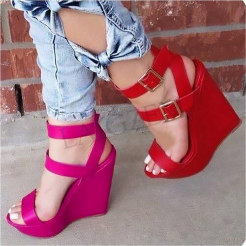 LAIGZEM Summer Women Sandals Platform Wedge Heels with Buckles Party Pumps Shoes Woman Sandalias Verano Large Size 34-52