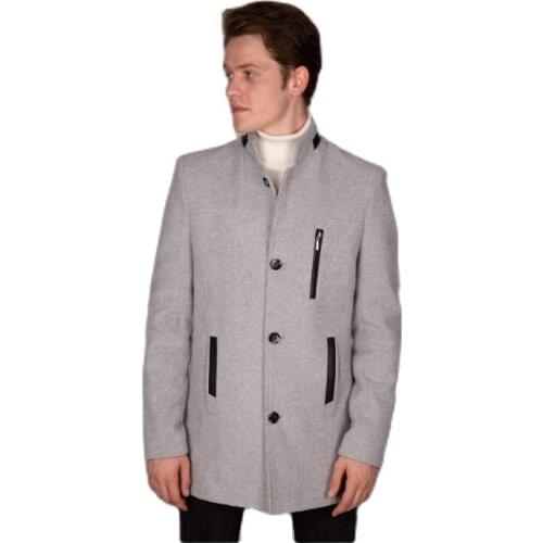Mens Grey Leather Zipper Cachet Coat 2021 Autumn Winter Season Outwear High Quality SlimFit Young Style WithFrontButtonClosure