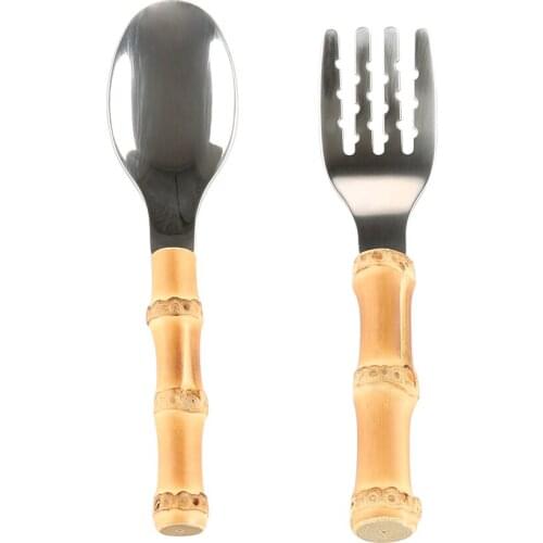 304 Stainless Steel Creative Handmade Wooden Handle Bamboo Root Tableware Set Baby Children Kids Spoon Fork