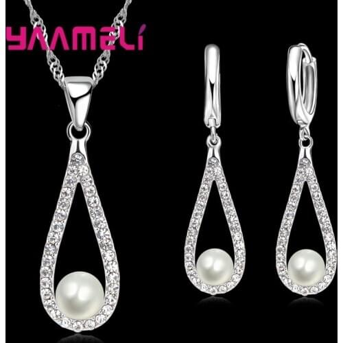 Pure 925 Sterling Silver Shiny CZ Crystal Water Drop Pearl Necklaces Pendant Chain Earrings Woman Fine Wedding Jewelry Set Gift