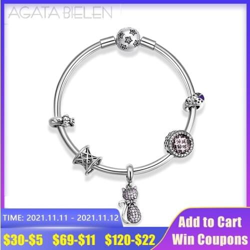 New Fashion Charm Bracelets For Women Luxury 925 Sterling Silver Cat Pink CZ Beads Charm Party Wedding Bangles Fine Jewelry