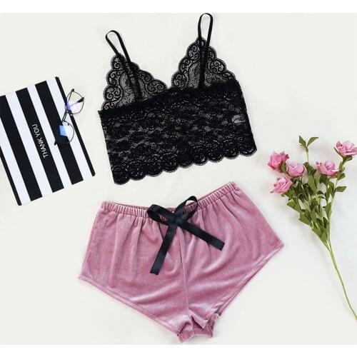 New Sexy Fashion Shorts Sleepwear Set Black Lace V Neck Summer Sleeveless S-XL Sizes Pijamas for Women Underwear Pizama Damska