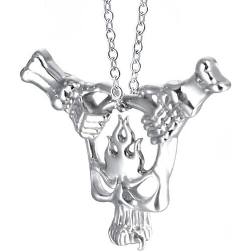 RIR Punk Rock Style Skull Pendant Necklace Titanium Stainless Steel Silver Skull Fire with Hand Keep Jewelry