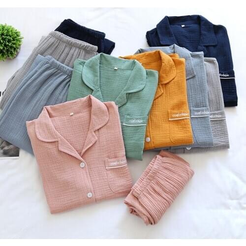 Couple Cotton Gauze Homewear Women Pink Pajamas Set Solid Color Casual Loose Lounge Wear Men Thin Sleepwear Plus Size Home Suit