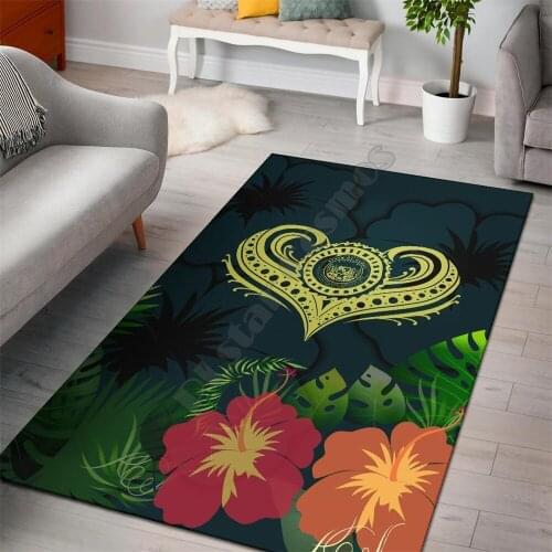 Polynesian Hawaii Area Rug Heart with Hibiscus Printed Bedroom Non-slip Floor Rug