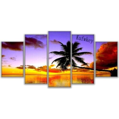 Full,Diamond Embroidery,5D,Diamond Painting Sunrise with coconut trees ,Cross Stitch,3D,Mosaic,Needlework,Christmas,gift,5 pcs