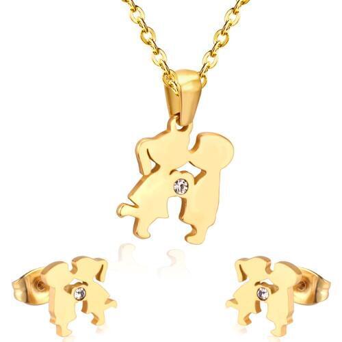 LUXUKISSKIDS Stainless Steel Dubai Wedding Jewelry Sets KISS Crystal Cute Boy Girl Necklace Earrings Jewellery Sets Gold Color