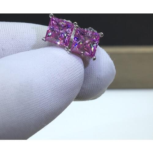 Pink Diamond Test Past Princess Square Cut Total 2 Carat Moissanite Stud Earrings Silver 925 Original Gemstone Wedding Earrings