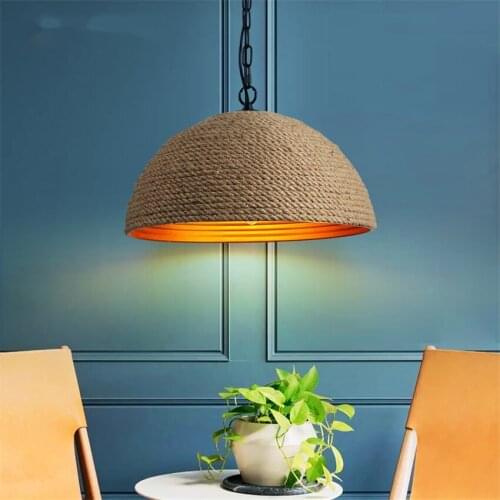 Vintage American Country Half Round Hemp Rope Pendant Lights Industrial Living Room Dining Bar Store Pendant Lamps E27 Fixtures