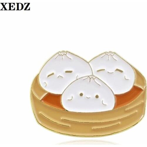 XEDZ cute bun bread smiley face expression metal pin funny sleepy lying on bamboo tube denim clothes cloth badge jewelry brooch