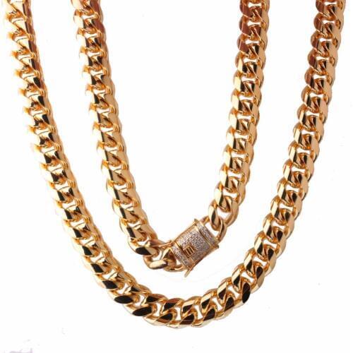 15mm Hiphop Stainless Steel Jewelry Gold Filled Plated High Polished Miami Cuban Link Necklace Men Punk Curb Chain
