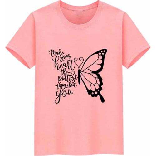 Make Your Heart The Prettiest Graphics Tee Women Half Letter Half Butterfly Print T-shirt Women White Short Sleeve Tshirt Women