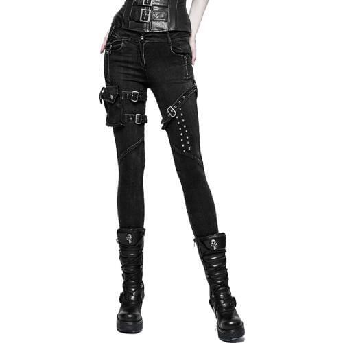 Punk Women Pants Black Skinny Pencil Pants Light Wash Cool Pockets Rivets Jeans Vintage Spliced Long Pants Rock Roll Girl Jeans