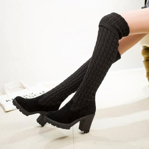 Woolen woman boots over the knee botas feminina thick high heels boots thigh high botines woman luxury brand shoes long boots