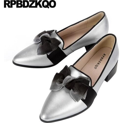 Blue ladies high heels chunky thick bow pumps pointed toe medium big size silver designer slip on block brand women shoes 2019