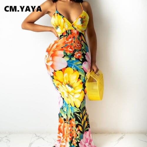 CM.YAYA Women Trumpet Dress Print Sleeveless Spaghetti Strap V-neck Sheath Elastic Floor-length Dresses Sexy Elegant Dress 2021