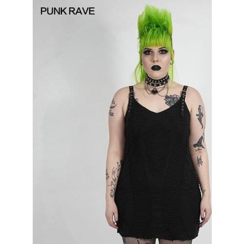 PUNK RAVE Plus Size Womens Gothic Daily V-neck Sexy Irregular Cutting Braces Skirt Soft Comfortable Black Sling Dress Female